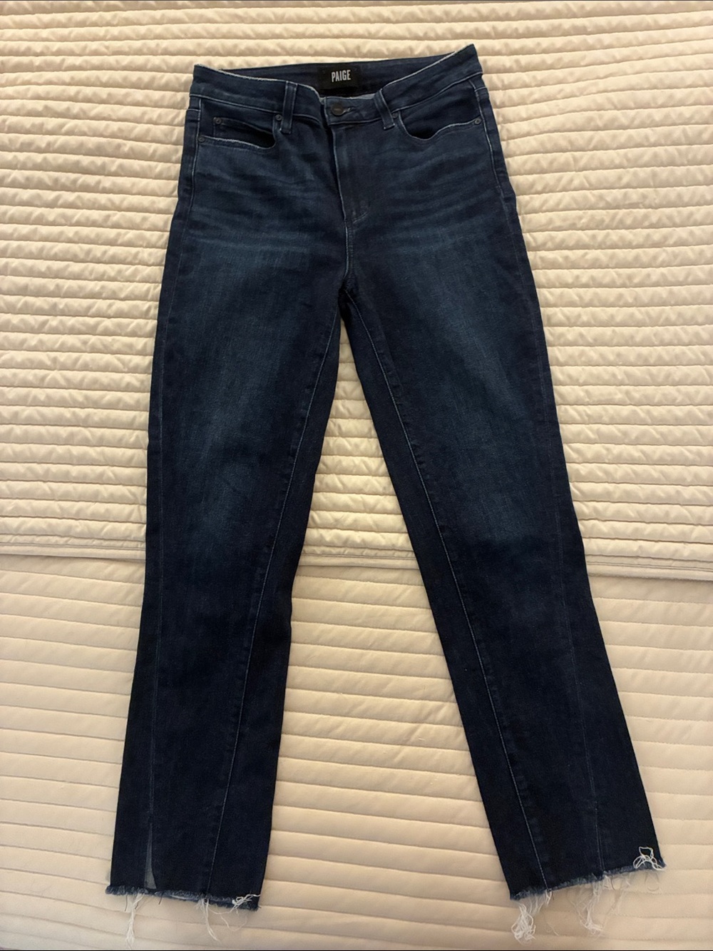 PAIGE Dark Indigo Straight Leg Jeans with Raw Hem